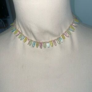 Rose Quartz Necklace with  Leaf Pendants Pastel Colors 
Handmade USA